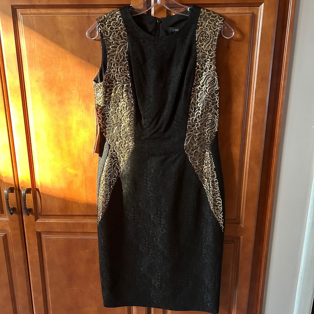 NEW Carmen Marc Valvo Black Dress with Gold Embroidered Leaves Size 10